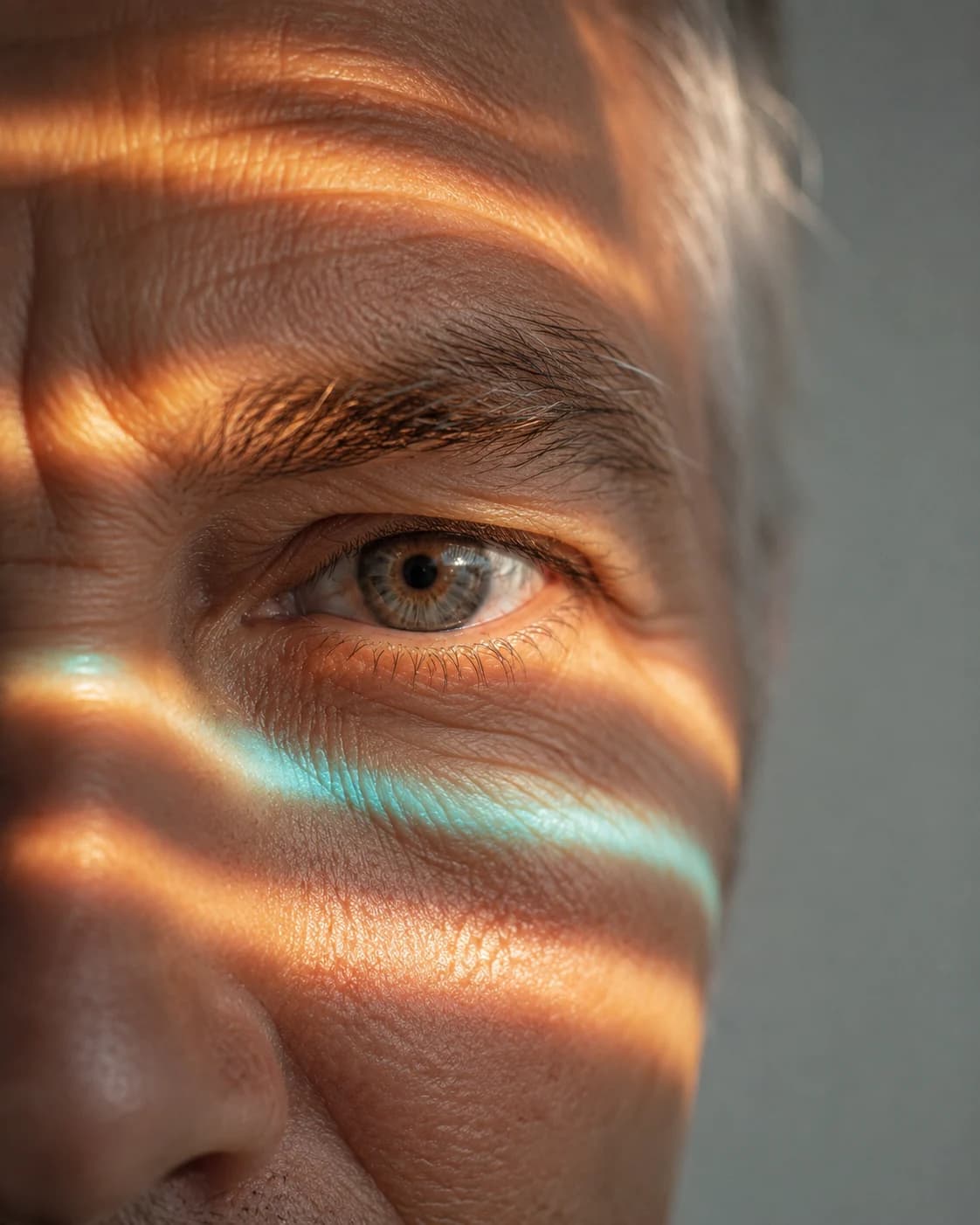 A close view of a person’s eye crossed by warm and teal bands of light.