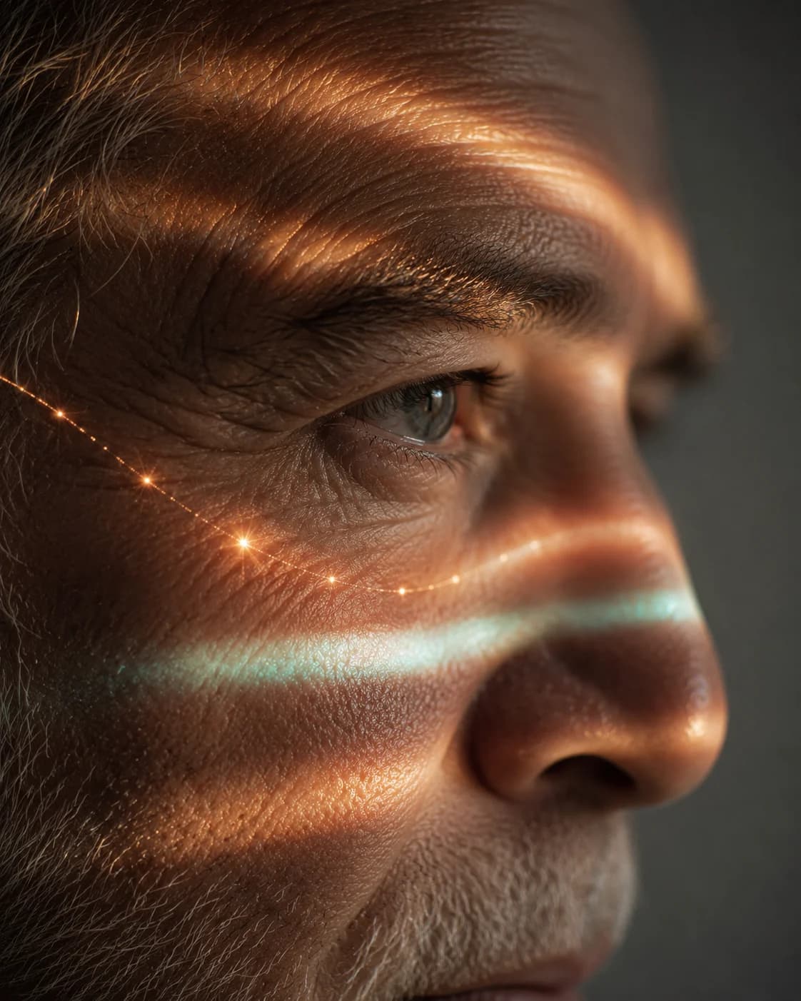 A close profile of a person’s eye crossed by warm and teal light paths.
