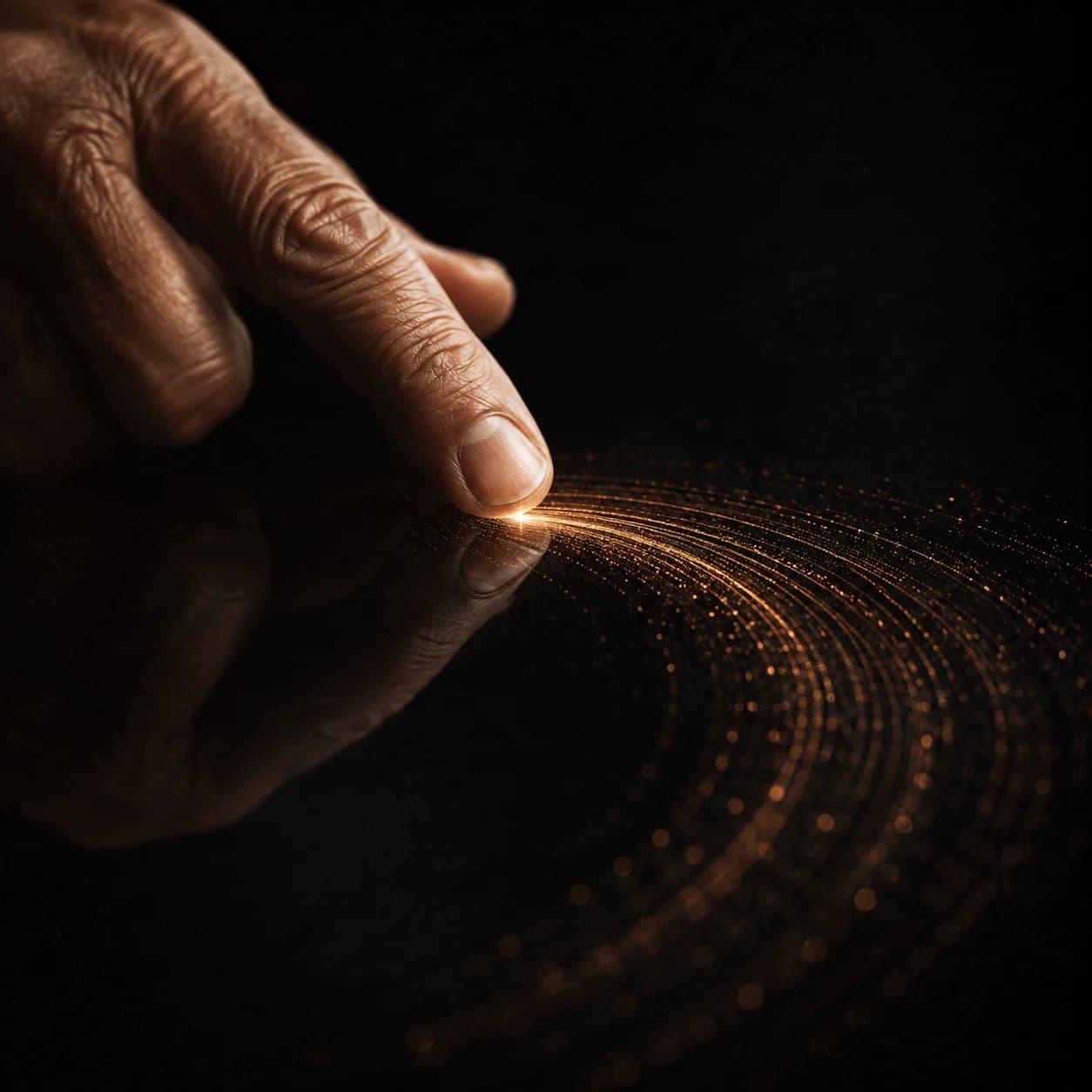 An older adult’s fingertip meeting a field of illuminated pathways.