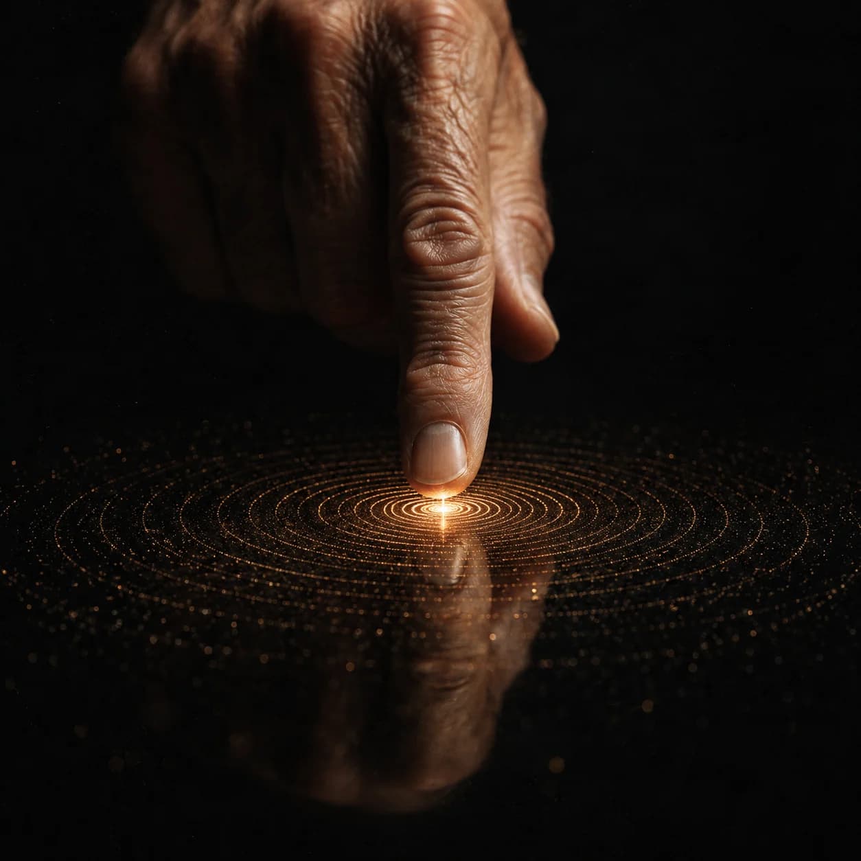 An older adult’s hand touching a centered field of illuminated rings.