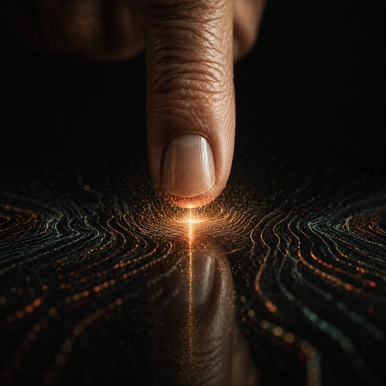 An older adult’s fingertip touching an illuminated field of fine pathways.