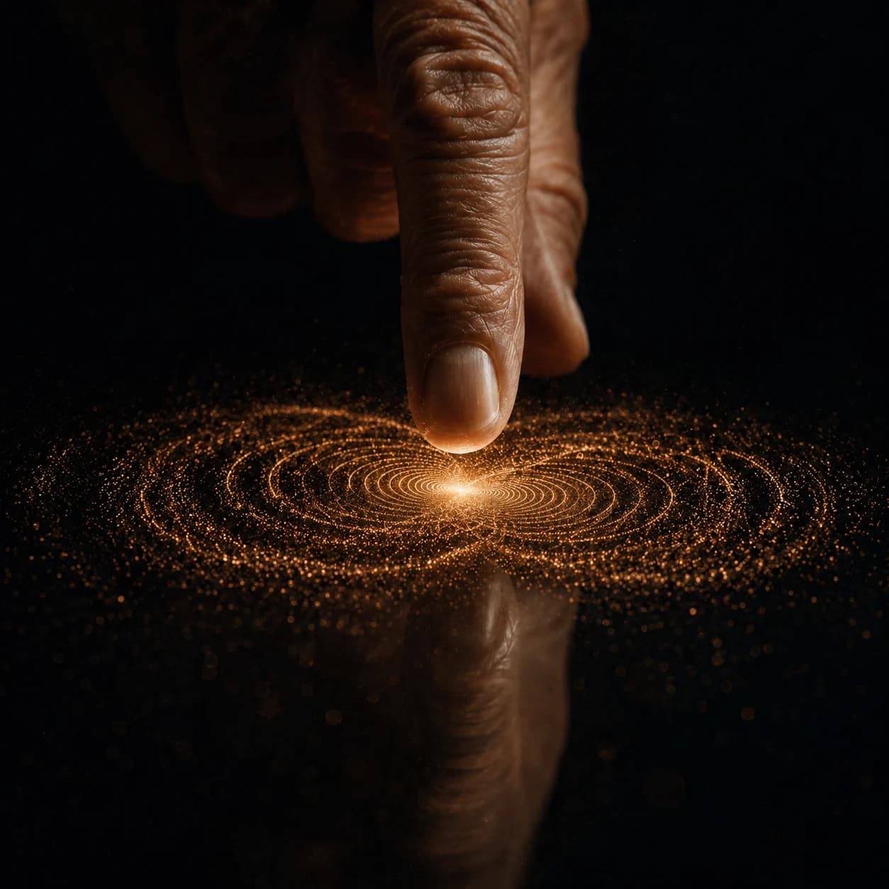 An older adult’s fingertip activating concentric illuminated rings.