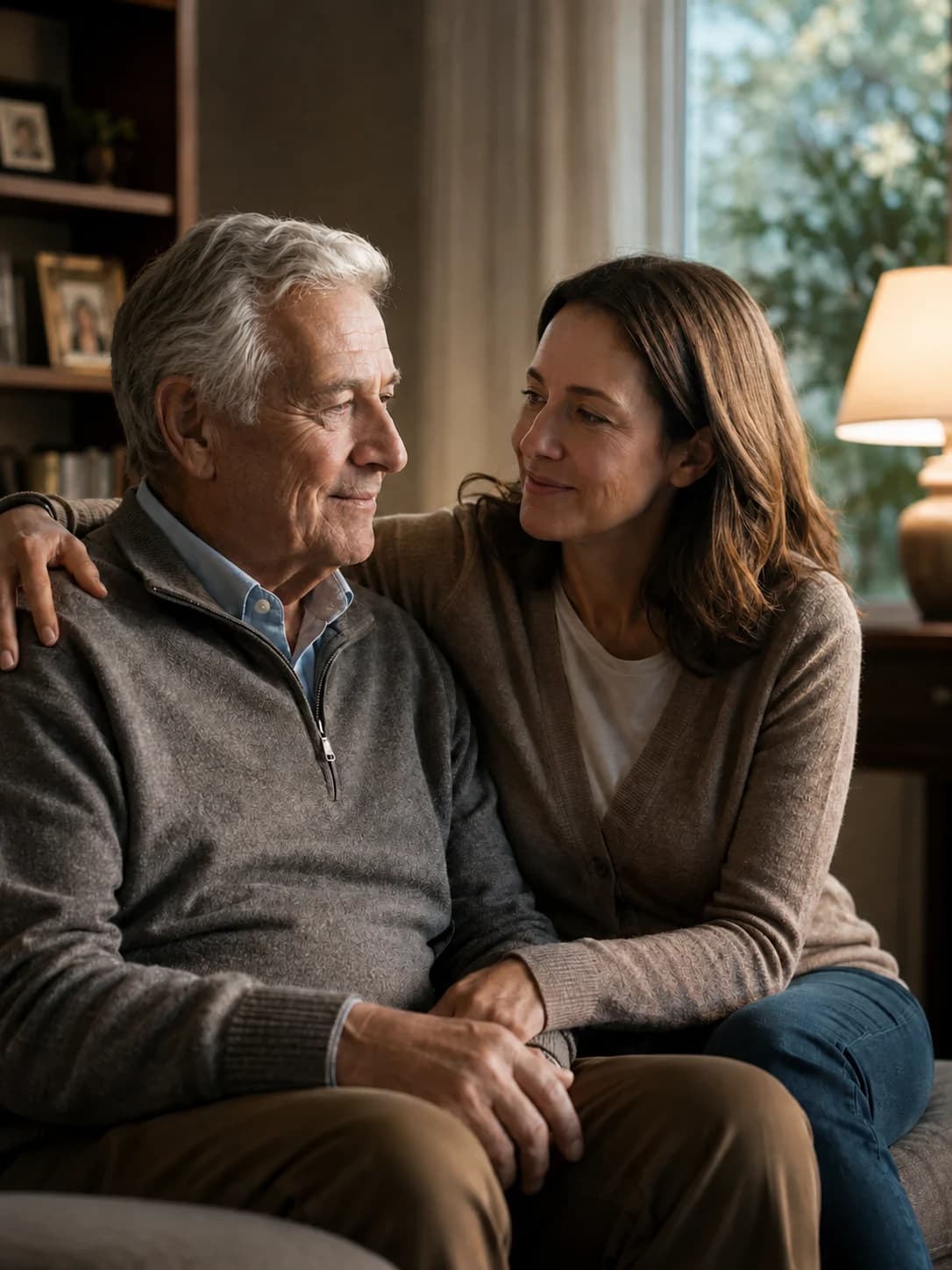 An older adult sitting at home with a family caregiver.