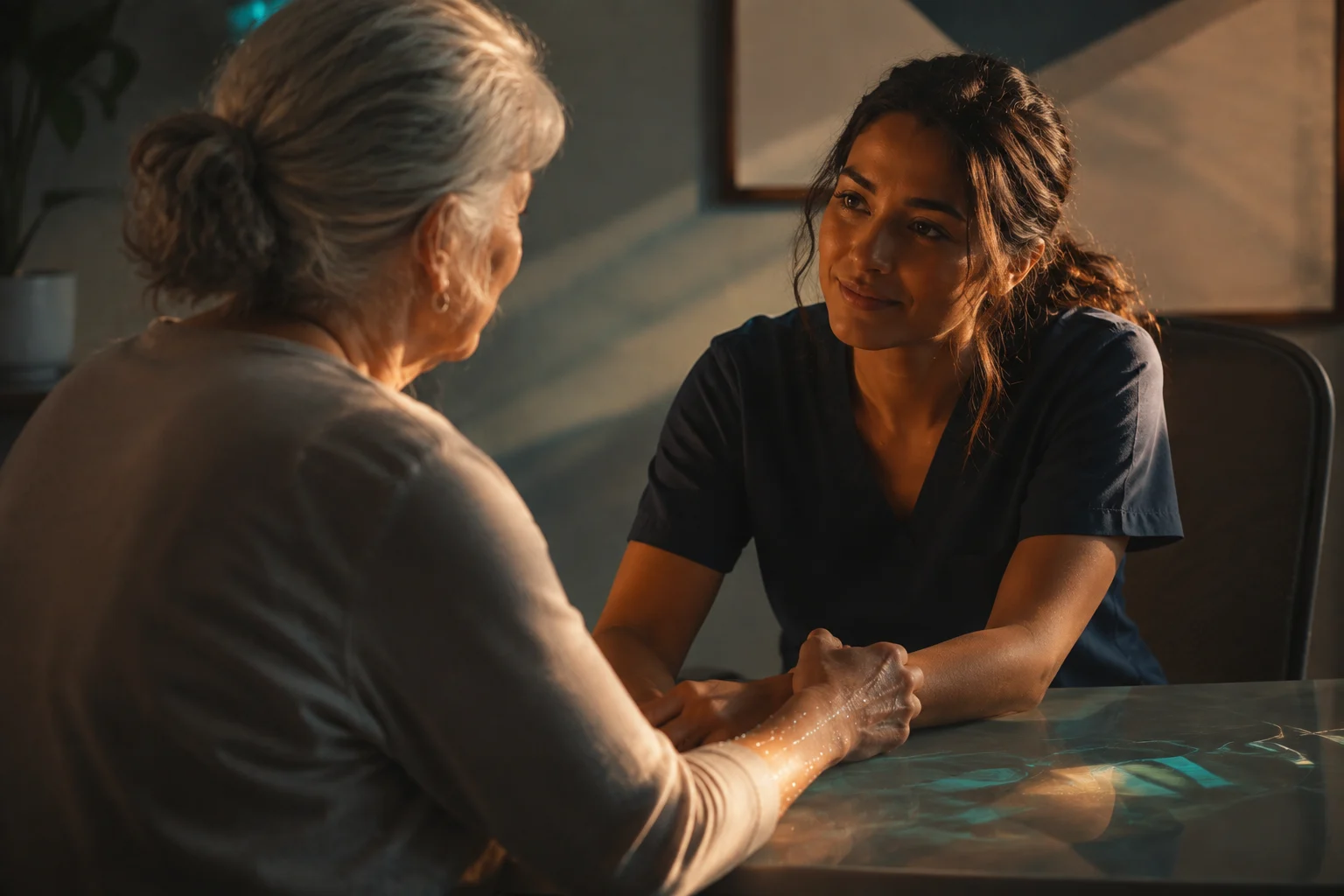 An older woman speaking with a nurse who is listening across a table.